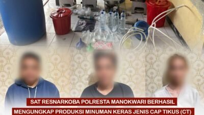 Satuan Resnarkoba Polresta Manokwari berhasil mengungkap produksi minuman keras lokal jenis Cap Tikus (CT). 19 Agustus 2025